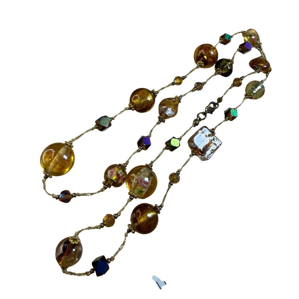 Vintage Bohemian Venetian Lampwork Art Glass Floral Foil Bead Necklace Amber - Picture 3 of 9